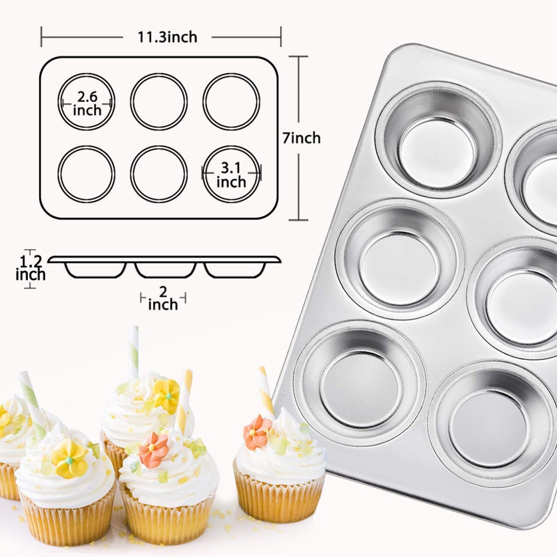 TeamFar 2 Packs Muffin Pan, Stainless Steel Muffin Cupcake Pan Tin Tray for Baking, for Mini Cakes/Tarts/Quiche, Healthy & Sturdy, Oven & Dishwasher Safe (6-Cup) - Image 3